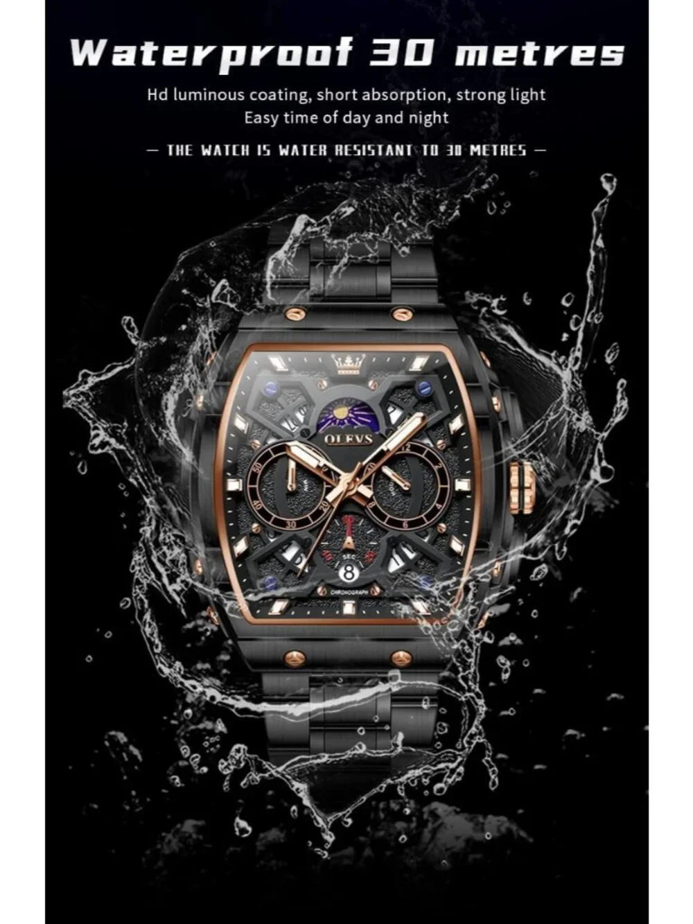 Men's Black Chronograph Big Square Analog Stainless Steel Date Wrist Watch